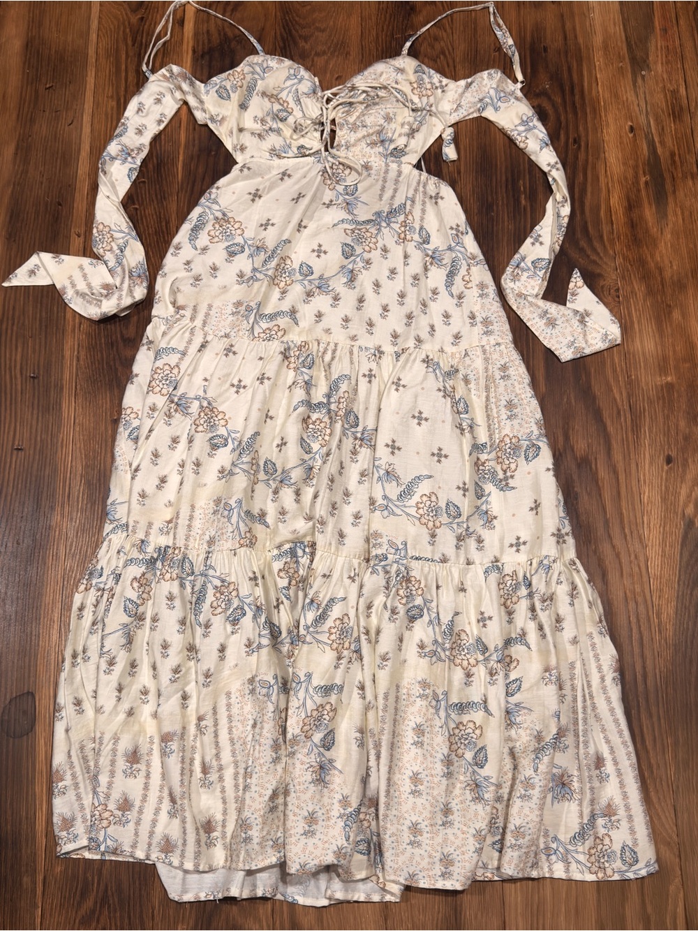 Aakaa Cream Floral Midi Dress with Blue & Tan Accents